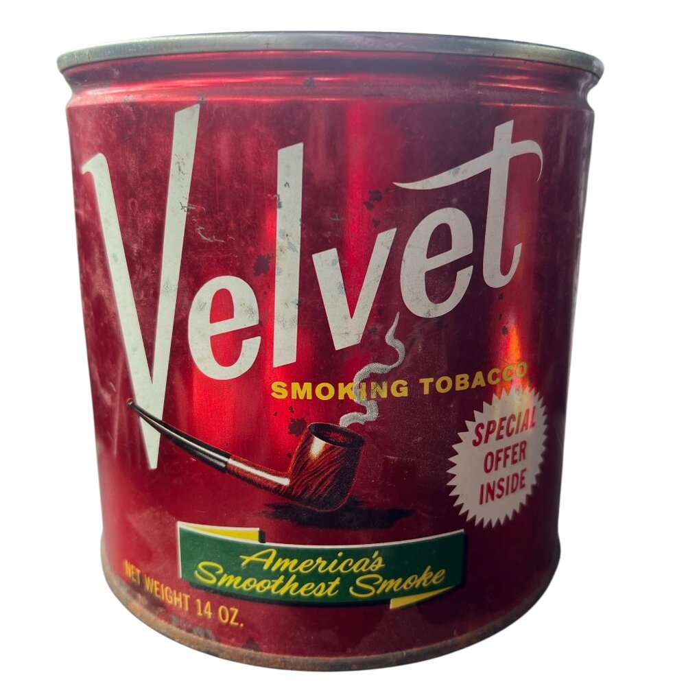 Vintage Velvet Tobacco Tin Pipe & Cigarette America's Smoothest Smoke Red No Lid